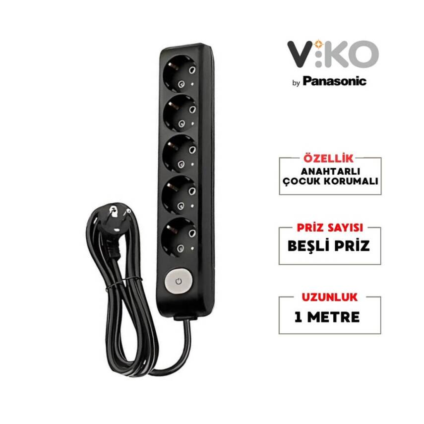 Viko Beşli Çoklu Priz, Anahtarlı, Uzatma Kablosu, 5li, 1m, Siyah - 2