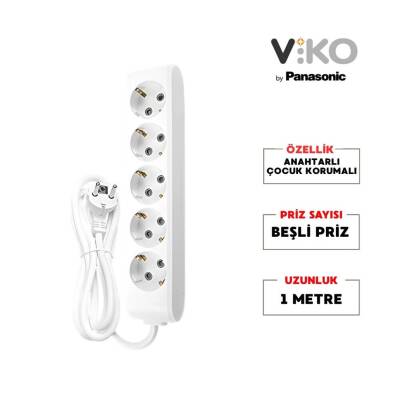 Viko Beşli Çoklu Priz, Topraklı, Uzatma Kablosu, 5li, 1m, Beyaz - 2