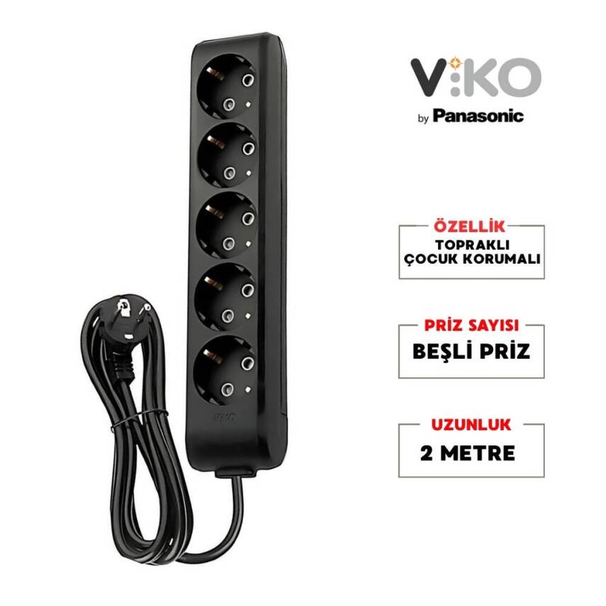 Viko Beşli Çoklu Priz, Topraklı, Uzatma Kablosu, 5li, 2m, Siyah - 2