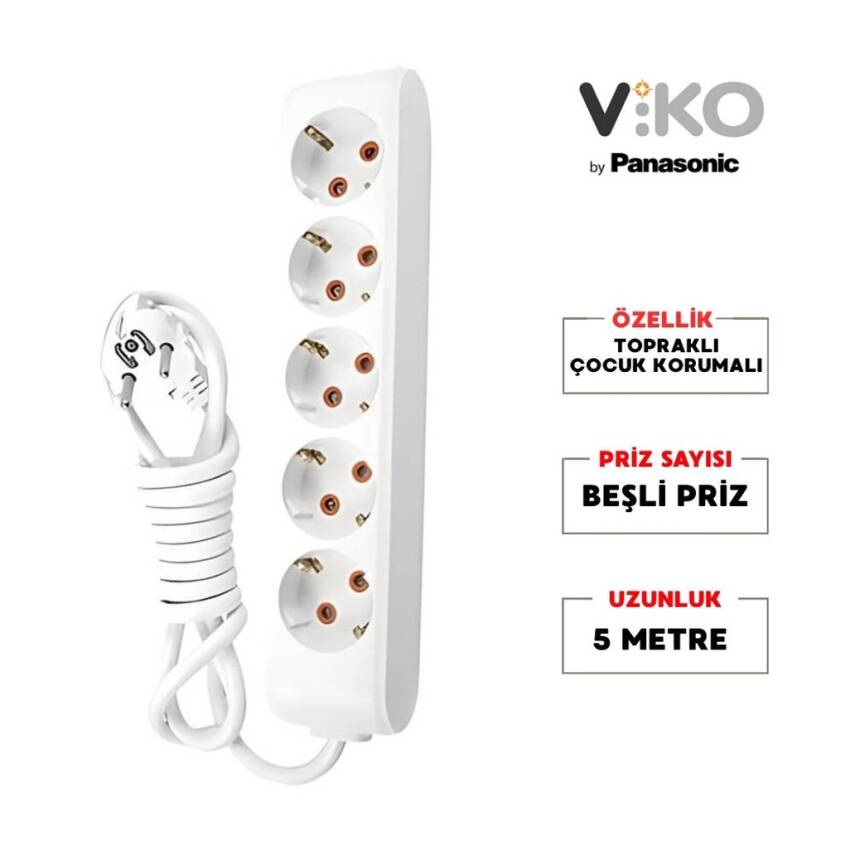 Viko Beşli Çoklu Priz, Topraklı, Uzatma Kablosu, 5li, 5m, Beyaz - 2