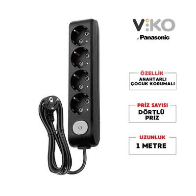Viko Dörtlü Çoklu Priz, Anahtarlı, Uzatma Kablosu, 4lü, 1m, Siyah - 2