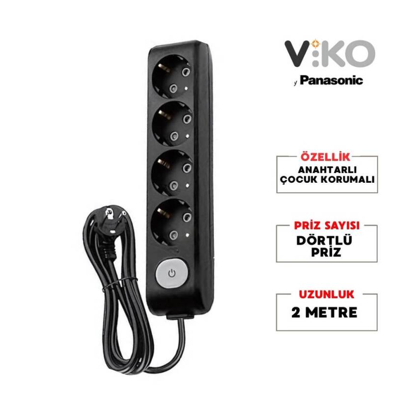 Viko Dörtlü Çoklu Priz, Anahtarlı, Uzatma Kablosu, 4lü, 2m, Siyah - 2