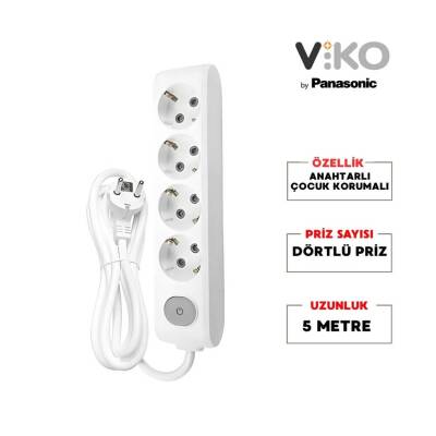 Viko Dörtlü Çoklu Priz, Anahtarlı, Uzatma Kablosu, 4lü, 5m, Beyaz - 2