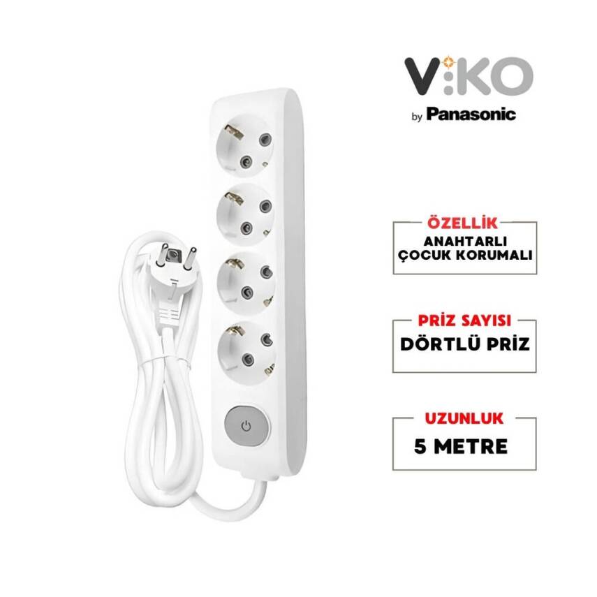 Viko Dörtlü Çoklu Priz, Anahtarlı, Uzatma Kablosu, 4lü, 5m, Beyaz - 2