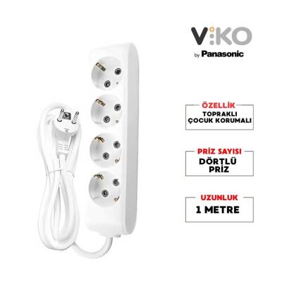 Viko Dörtlü Çoklu Priz, Topraklı, Uzatma Kablosu, 4lü, 1m, Beyaz - 2