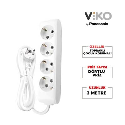 Viko Dörtlü Çoklu Priz, Topraklı, Uzatma Kablosu, 4lü, 3m, Beyaz - 2