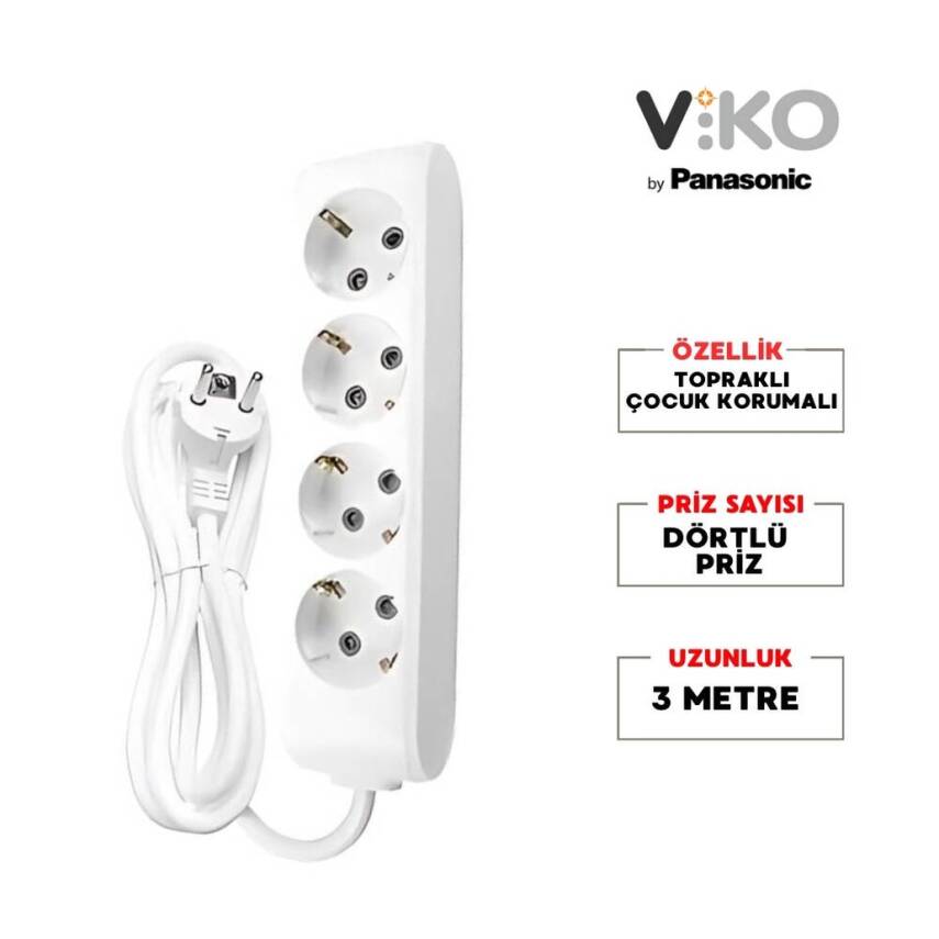 Viko Dörtlü Çoklu Priz, Topraklı, Uzatma Kablosu, 4lü, 3m, Beyaz - 2