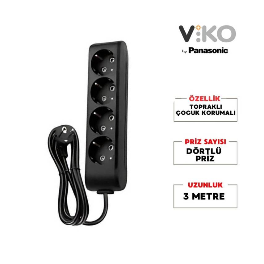Viko Dörtlü Çoklu Priz, Topraklı, Uzatma Kablosu, 4lü, 3m, Siyah - 2