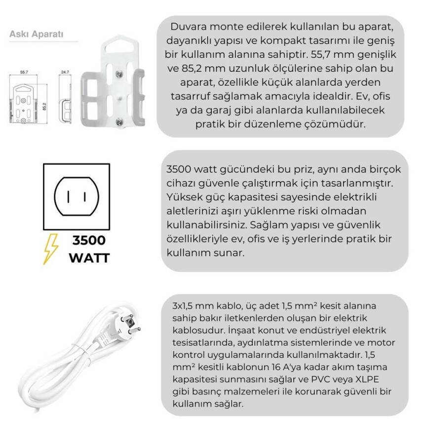 Viko Dörtlü Çoklu Priz, Topraklı, Uzatma Kablosu, 4lü, 5m, Beyaz - 3