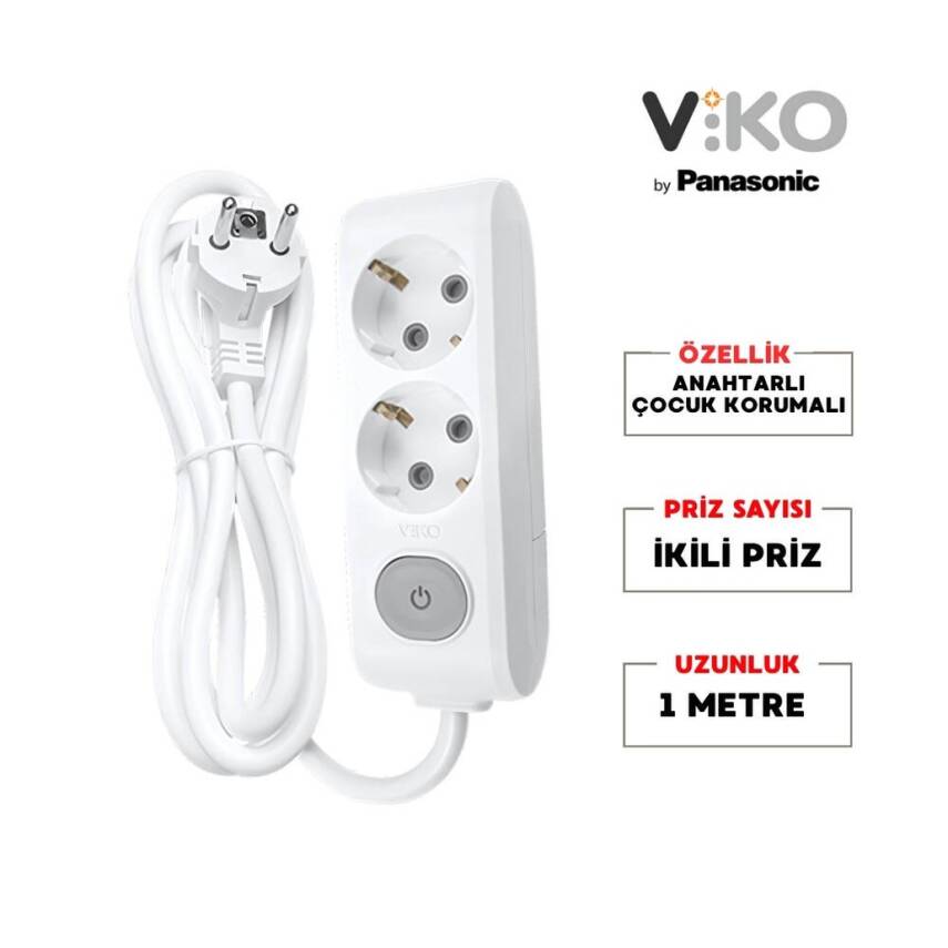 Viko İkili Çoklu Priz, Anahtarlı, Uzatma Kablosu, 2li, 1m, Beyaz - 2
