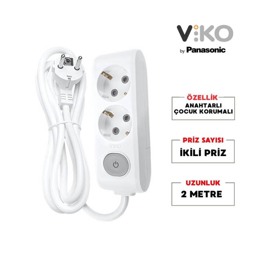 Viko İkili Çoklu Priz, Anahtarlı, Uzatma Kablosu, 2li, 2m, Beyaz - 2