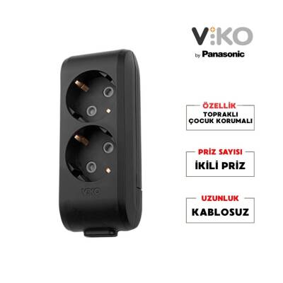 Viko İkili Çoklu Priz, Topraklı, Çocuk Korumalı, Kablosuz, 2li, Siyah - 2
