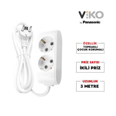 Viko İkili Çoklu Priz, Topraklı, Uzatma Kablosu, 2li, 3m, Beyaz - 2