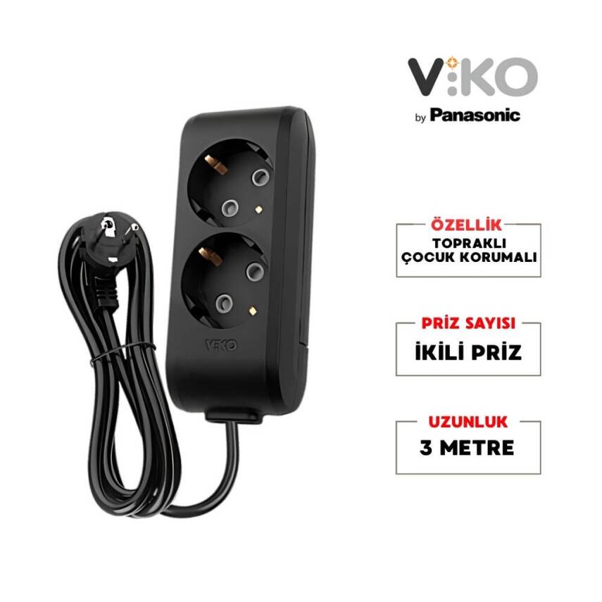 Viko İkili Çoklu Priz, Topraklı, Uzatma Kablosu, 2li, 3m, Siyah - 1