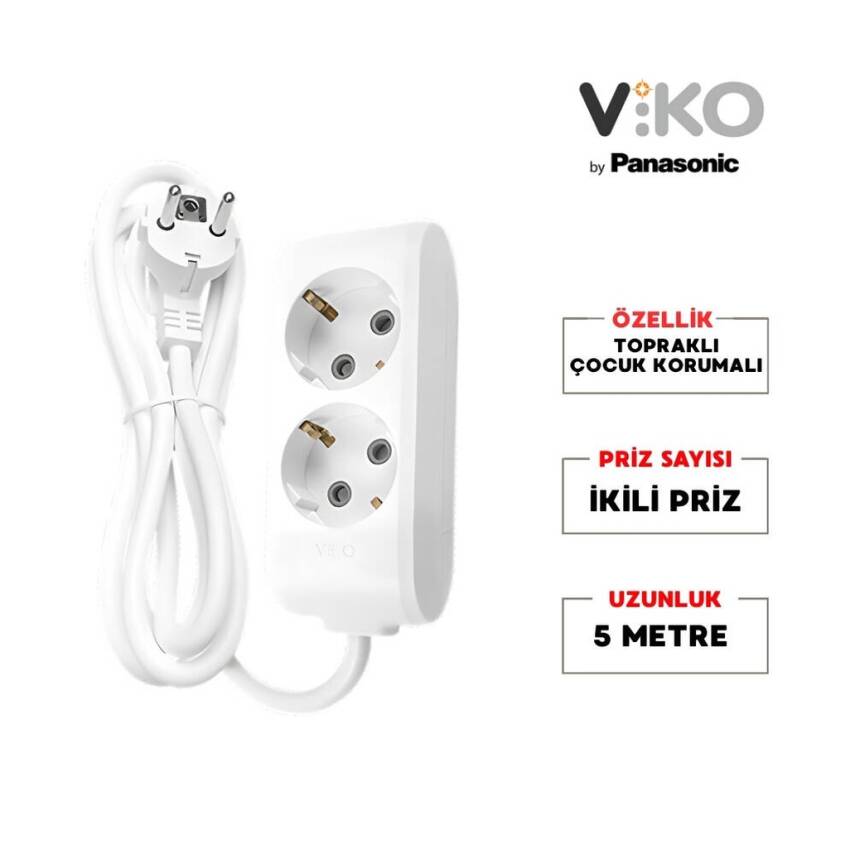 Viko İkili Çoklu Priz, Topraklı, Uzatma Kablosu, 2li, 5m, Beyaz - 2