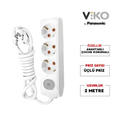 Viko Üçlü Çoklu Priz, Anahtarlı, Uzatma Kablosu, 3lü, 2m, Beyaz - 2