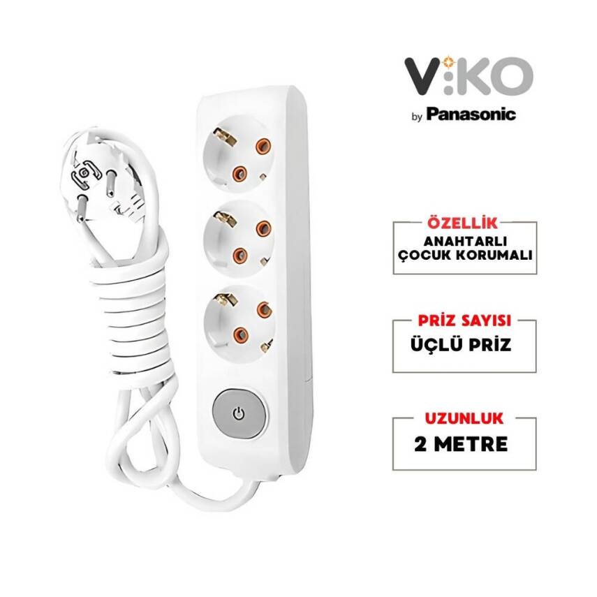 Viko Üçlü Çoklu Priz, Anahtarlı, Uzatma Kablosu, 3lü, 2m, Beyaz - 2