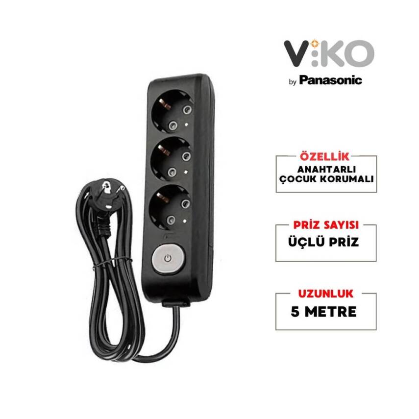 Viko Üçlü Çoklu Priz, Anahtarlı, Uzatma Kablosu, 3lü, 5m, Siyah - 2