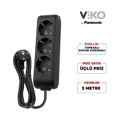 Viko Üçlü Çoklu Priz, Topraklı, Uzatma Kablosu, 3lü, 2m, Siyah - 2