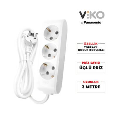 Viko Üçlü Çoklu Priz, Topraklı, Uzatma Kablosu, 3lü, 3m, Beyaz - 2