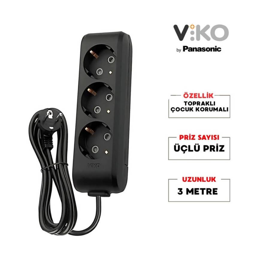 Viko Üçlü Çoklu Priz, Topraklı, Uzatma Kablosu, 3lü, 3m, Siyah - 2