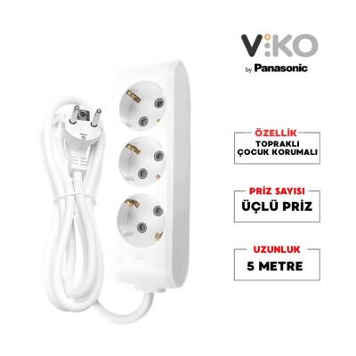Viko Üçlü Çoklu Priz, Topraklı, Uzatma Kablosu, 3lü, 5m, Beyaz - 2