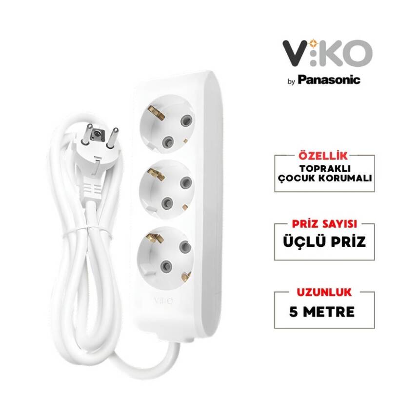 Viko Üçlü Çoklu Priz, Topraklı, Uzatma Kablosu, 3lü, 5m, Beyaz - 2