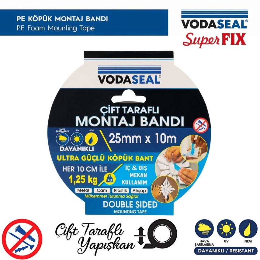 Vodaseal Çift Taraflı Montaj Bandı, 25 mm 10 m, Güçlü Yapışkan - 3