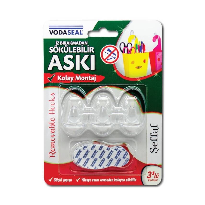 Vodaseal Şeffaf 3'lü İz Bırakmayan Askı, Kolay Sökme, Dayanıklı - 1