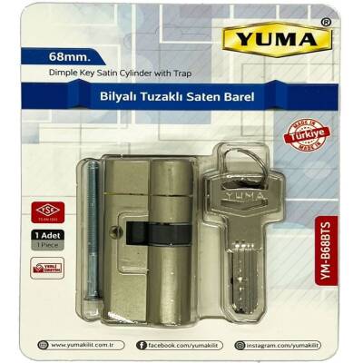 YUMA Kilit Göbeği, Tuzaklı Bilyalı Çelik Kapı Kilidi, 68 mm, Nikel - YUMA